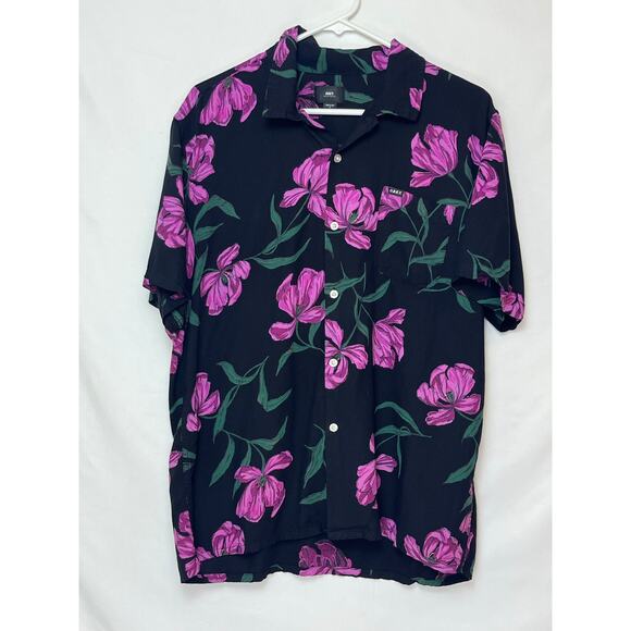 Obey Men’s L Black Pink Floral Print Button Up Long Sleeve Casual Shirt Comfort - Picture 1 of 6